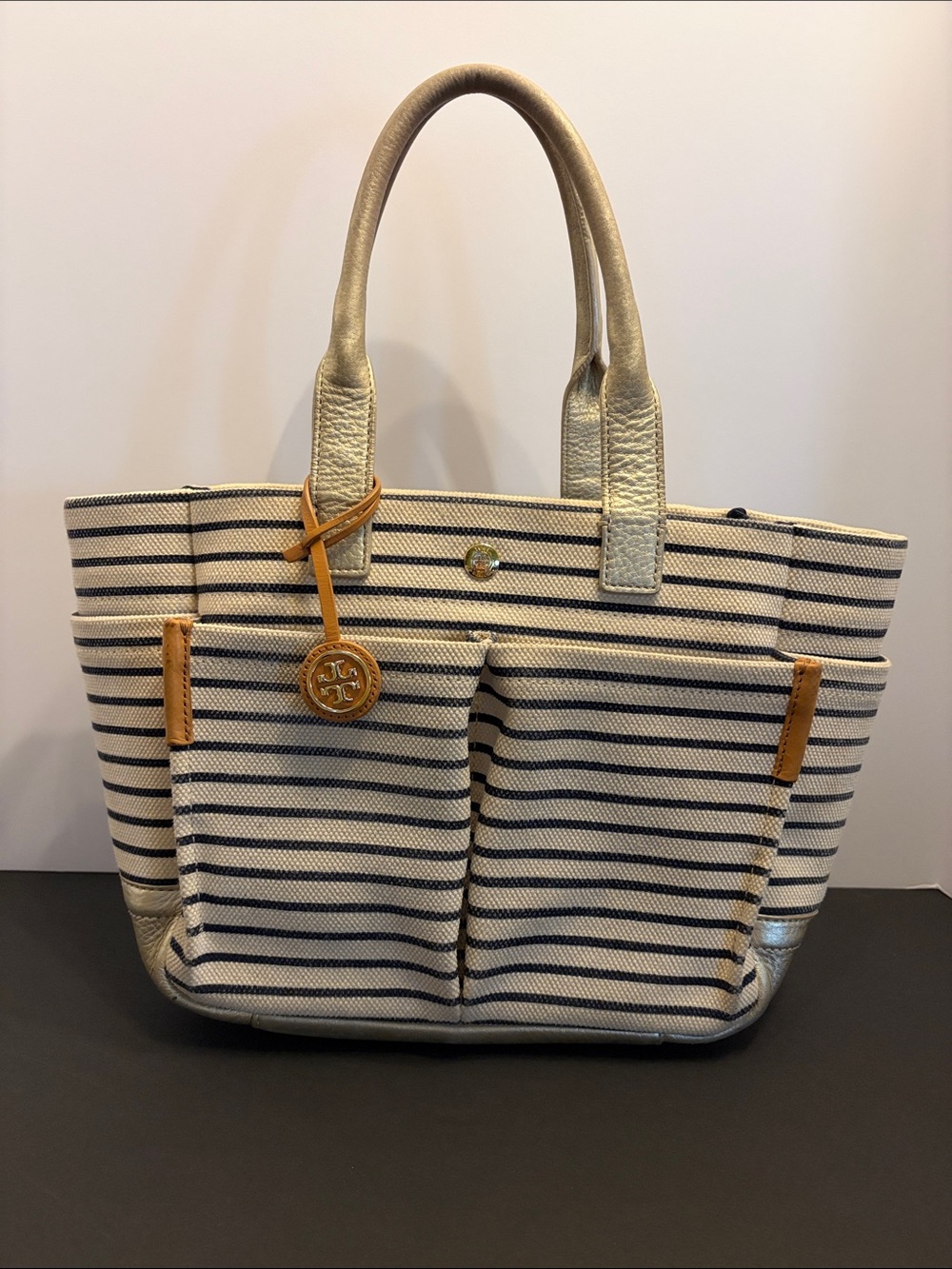 Tory Burch Cream and Navy Striped Canvas Tote with Gold Accents